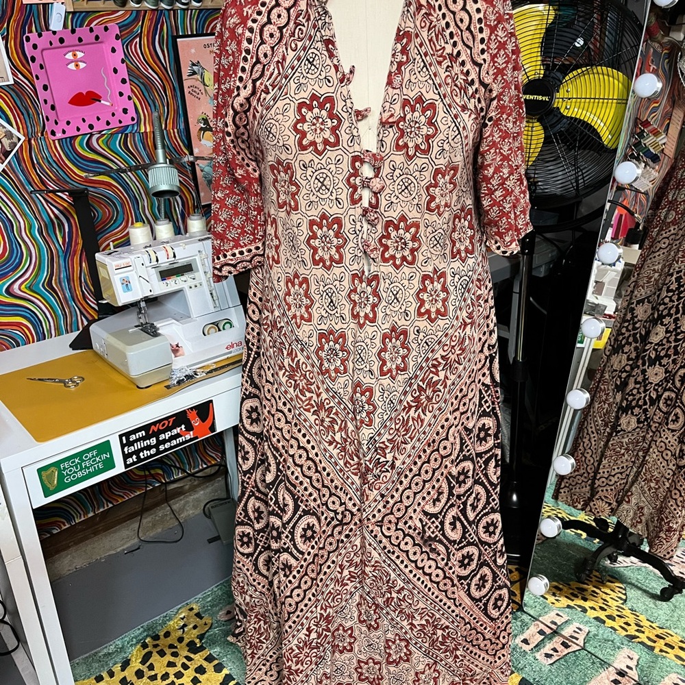 Vintage 70’s Rust Floral Print Indian Cotton Gauze Maxi Dress - Picture 1 of 7